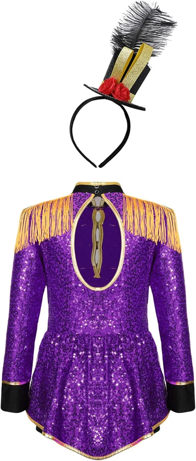 Girls Drum Majorette March Band Uniform Sets Sequins Leotard Dress Hat Ringmaster Suits
