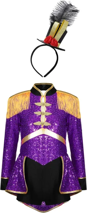 Girls Drum Majorette March Band Uniform Sets Sequins Leotard Dress Hat Ringmaster Suits