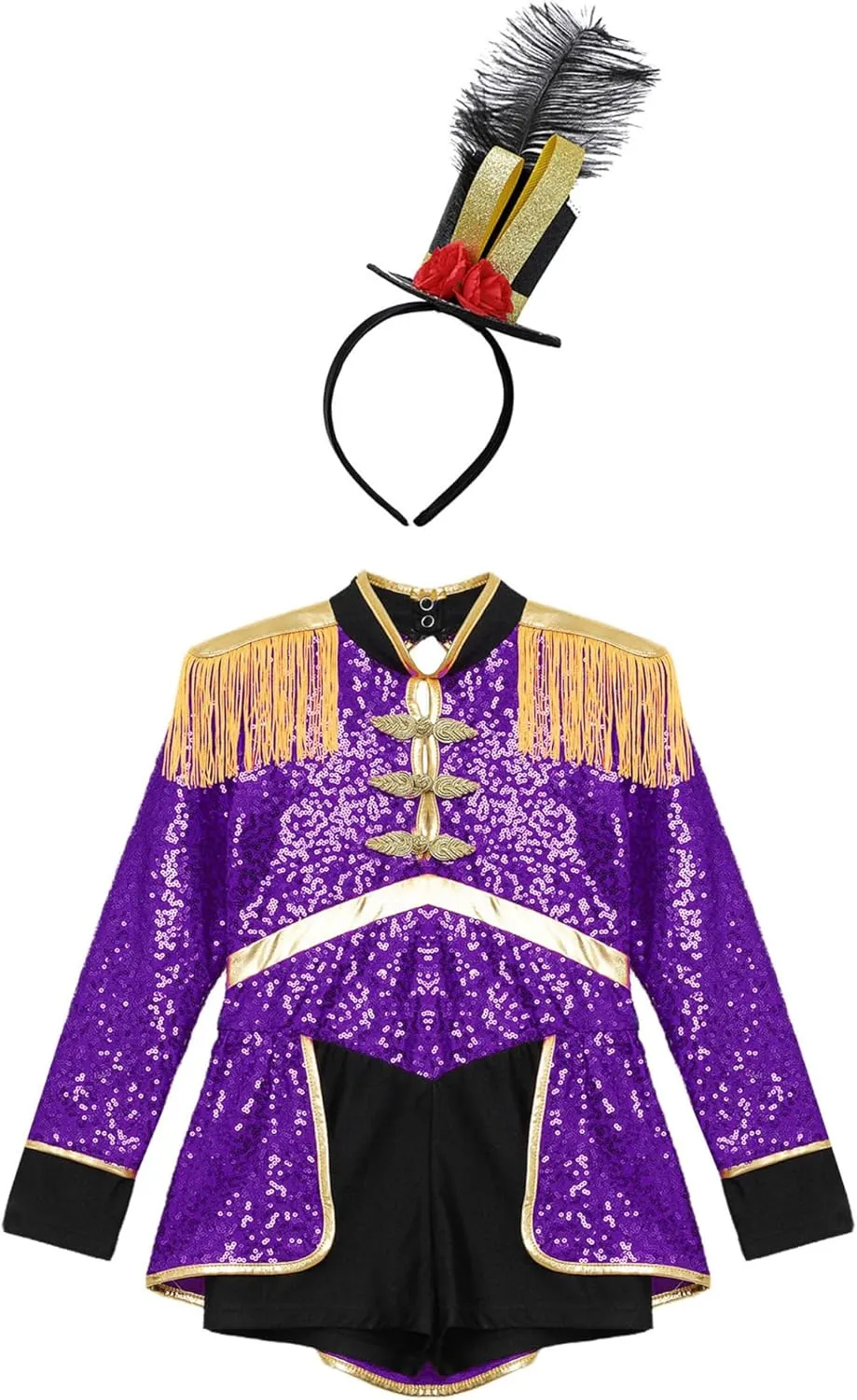 Girls Drum Majorette March Band Uniform Sets Sequins Leotard Dress Hat Ringmaster Suits