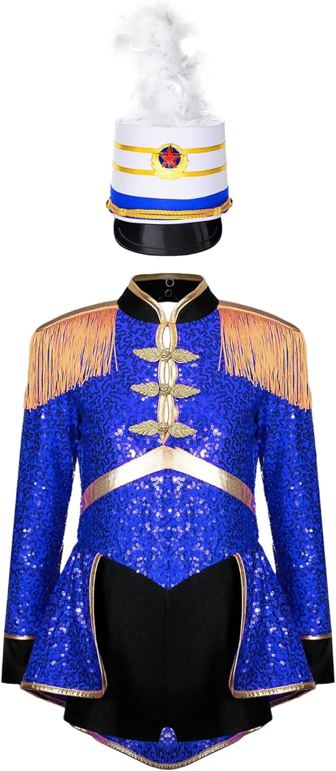 Girls Drum Majorette March Band Uniform Sets Sequins Leotard Dress Hat Ringmaster Suits