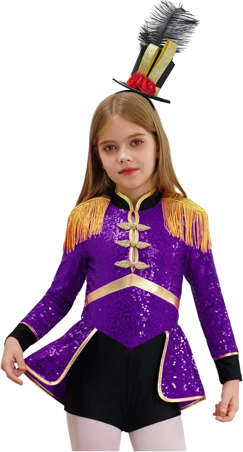Girls Drum Majorette March Band Uniform Sets Sequins Leotard Dress Hat Ringmaster Suits