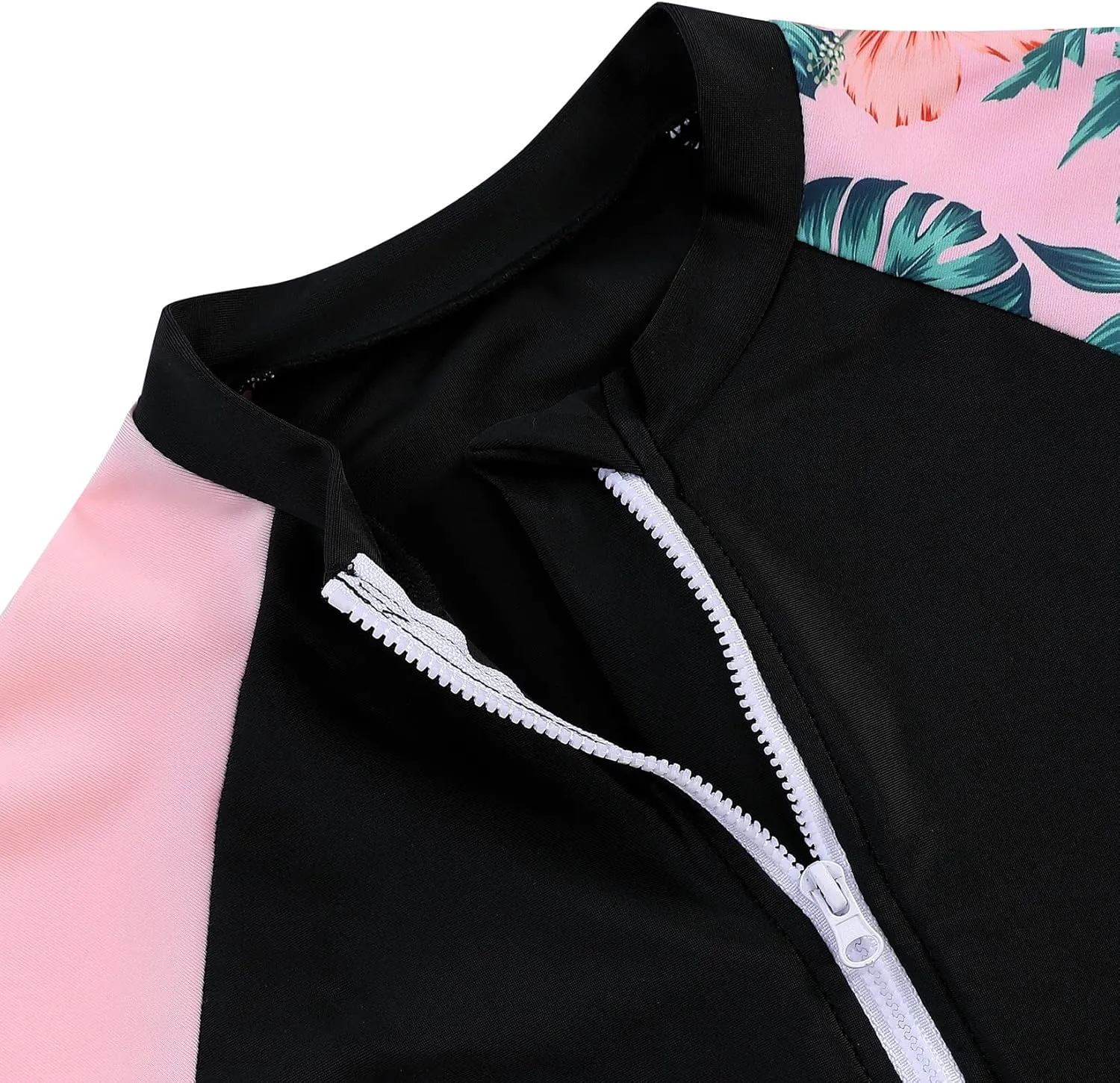 Girls One Piece Rash Guard Swimsuit Long Sleeve Swimsuits with Zipper Patchwork Beach Bathing Suit for Kids 3-12 Years