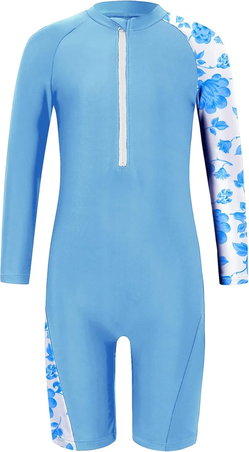Girls One Piece Rash Guard Swimsuit Long Sleeve Swimsuits with Zipper Patchwork Beach Bathing Suit for Kids 3-12 Years