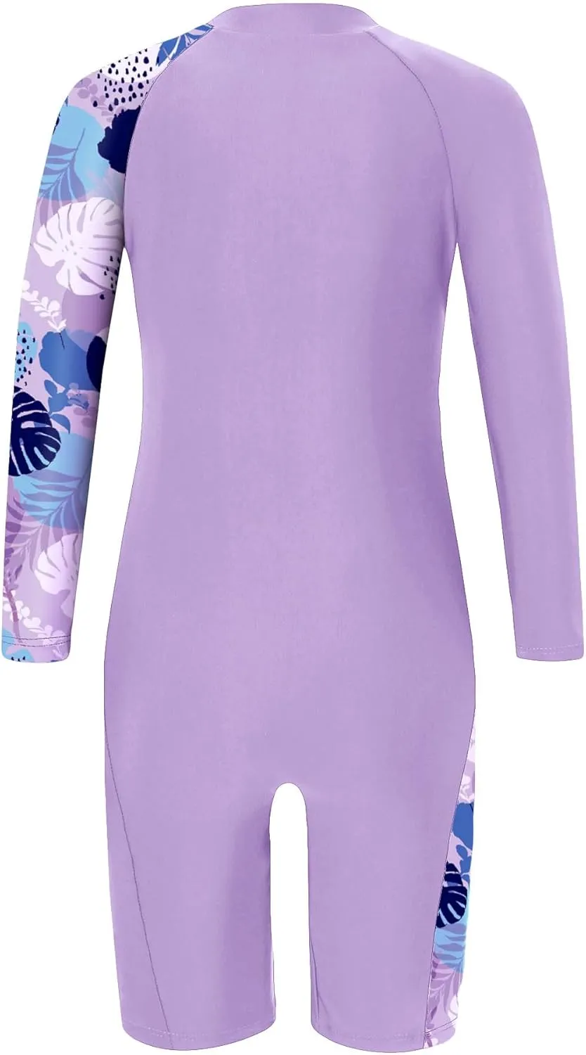 Girls One Piece Rash Guard Swimsuit Long Sleeve Swimsuits with Zipper Patchwork Beach Bathing Suit for Kids 3-12 Years