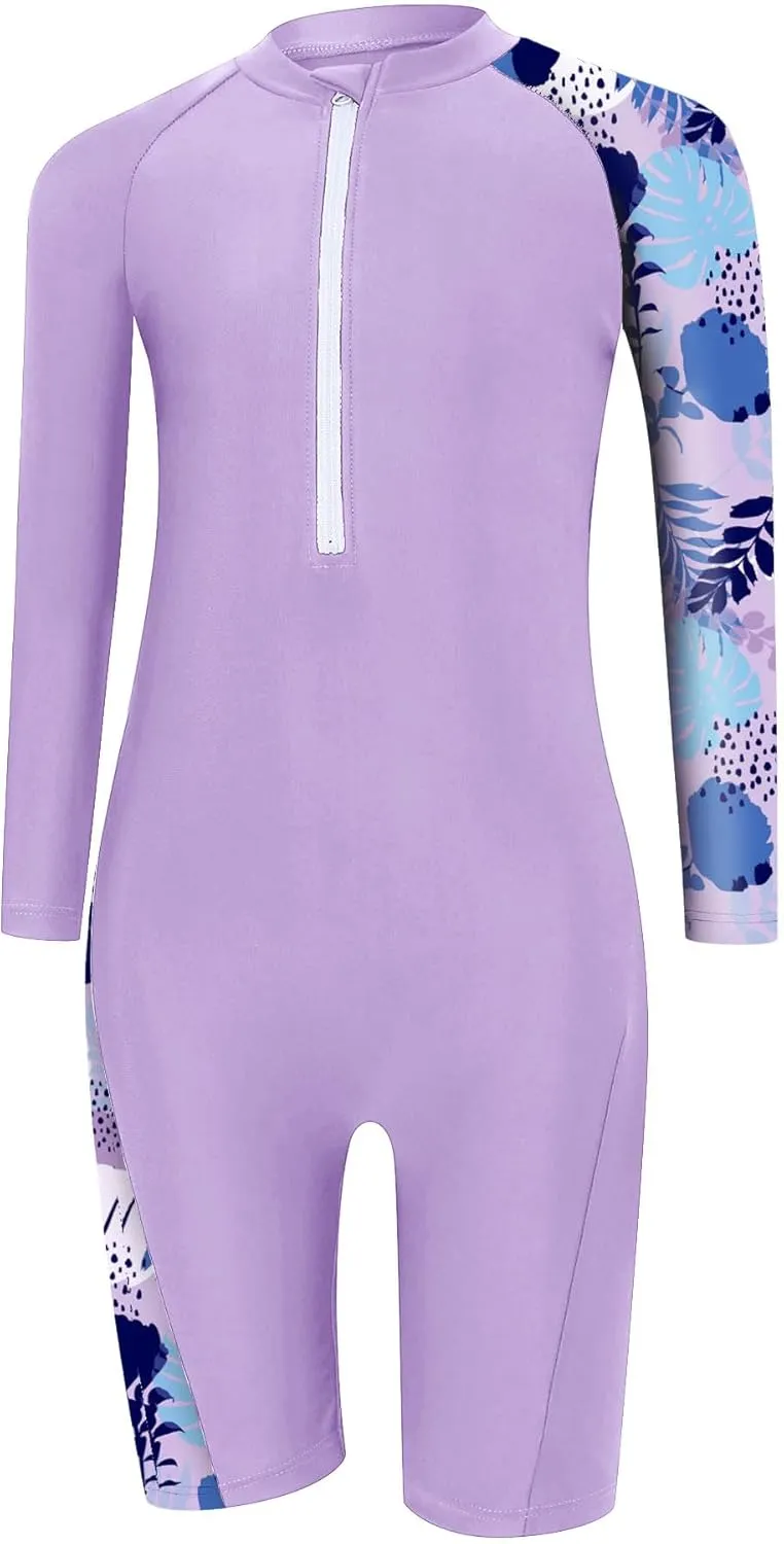 Girls One Piece Rash Guard Swimsuit Long Sleeve Swimsuits with Zipper Patchwork Beach Bathing Suit for Kids 3-12 Years