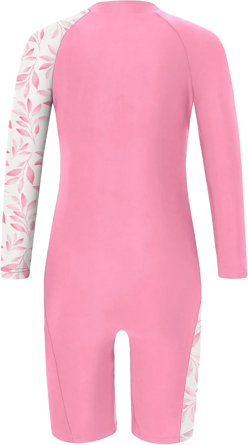 Girls One Piece Rash Guard Swimsuit Long Sleeve Swimsuits with Zipper Patchwork Beach Bathing Suit for Kids 3-12 Years
