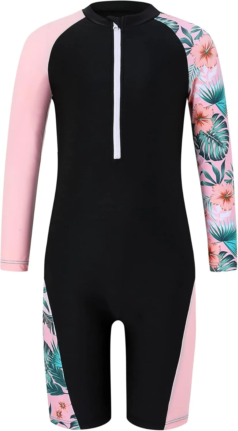 Girls One Piece Rash Guard Swimsuit Long Sleeve Swimsuits with Zipper Patchwork Beach Bathing Suit for Kids 3-12 Years