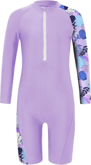 Girls One Piece Rash Guard Swimsuit Long Sleeve Swimsuits with Zipper Patchwork Beach Bathing Suit for Kids 3-12 Years