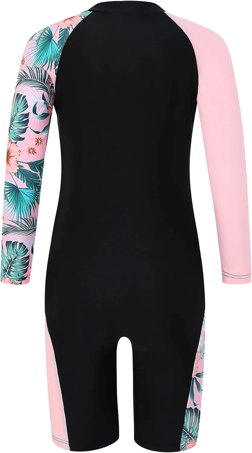 Girls One Piece Rash Guard Swimsuit Long Sleeve Swimsuits with Zipper Patchwork Beach Bathing Suit for Kids 3-12 Years