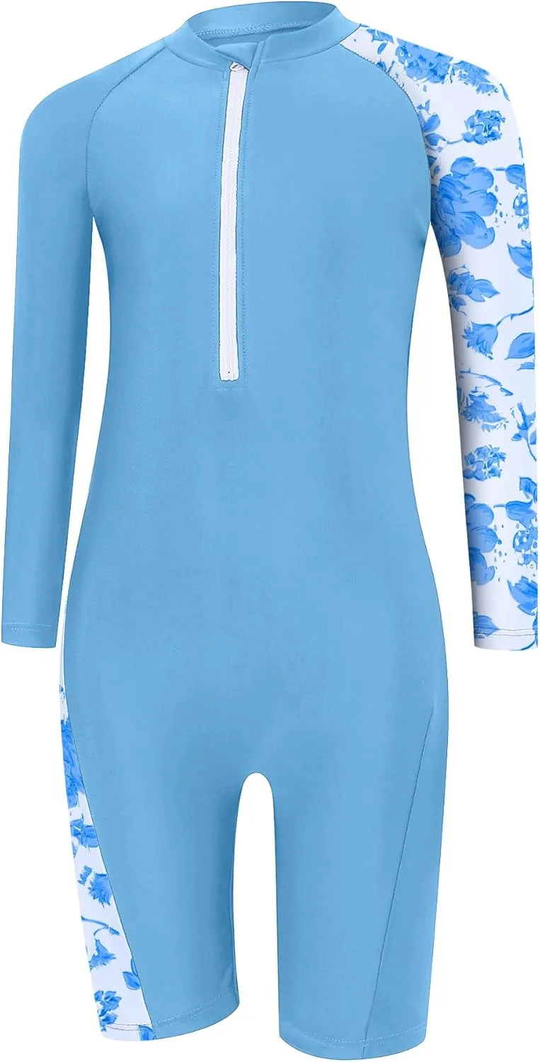 Girls One Piece Rash Guard Swimsuit Long Sleeve Swimsuits with Zipper Patchwork Beach Bathing Suit for Kids 3-12 Years