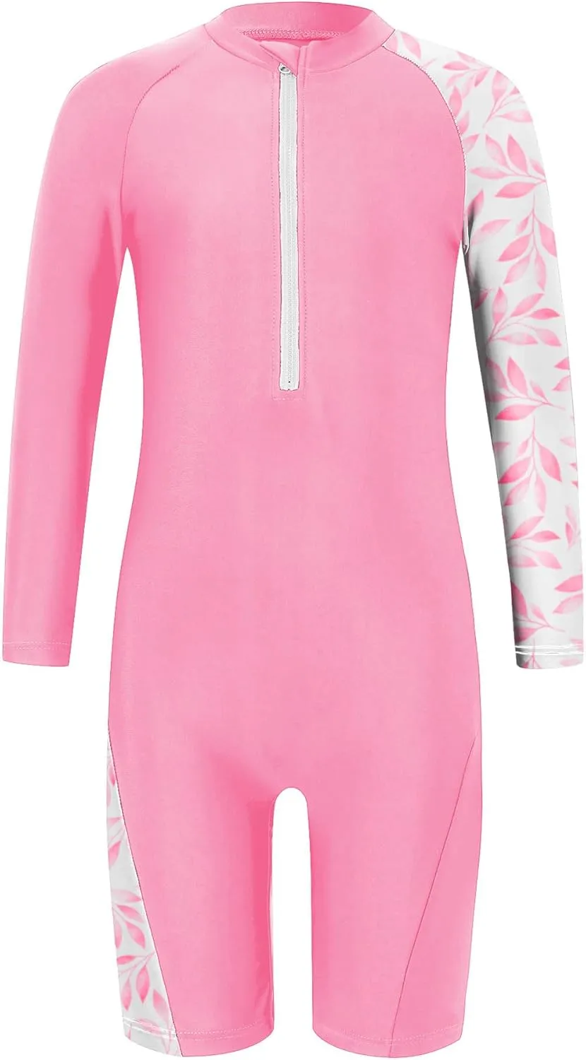 Girls One Piece Rash Guard Swimsuit Long Sleeve Swimsuits with Zipper Patchwork Beach Bathing Suit for Kids 3-12 Years
