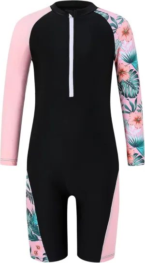 Girls One Piece Rash Guard Swimsuit Long Sleeve Swimsuits with Zipper Patchwork Beach Bathing Suit for Kids 3-12 Years