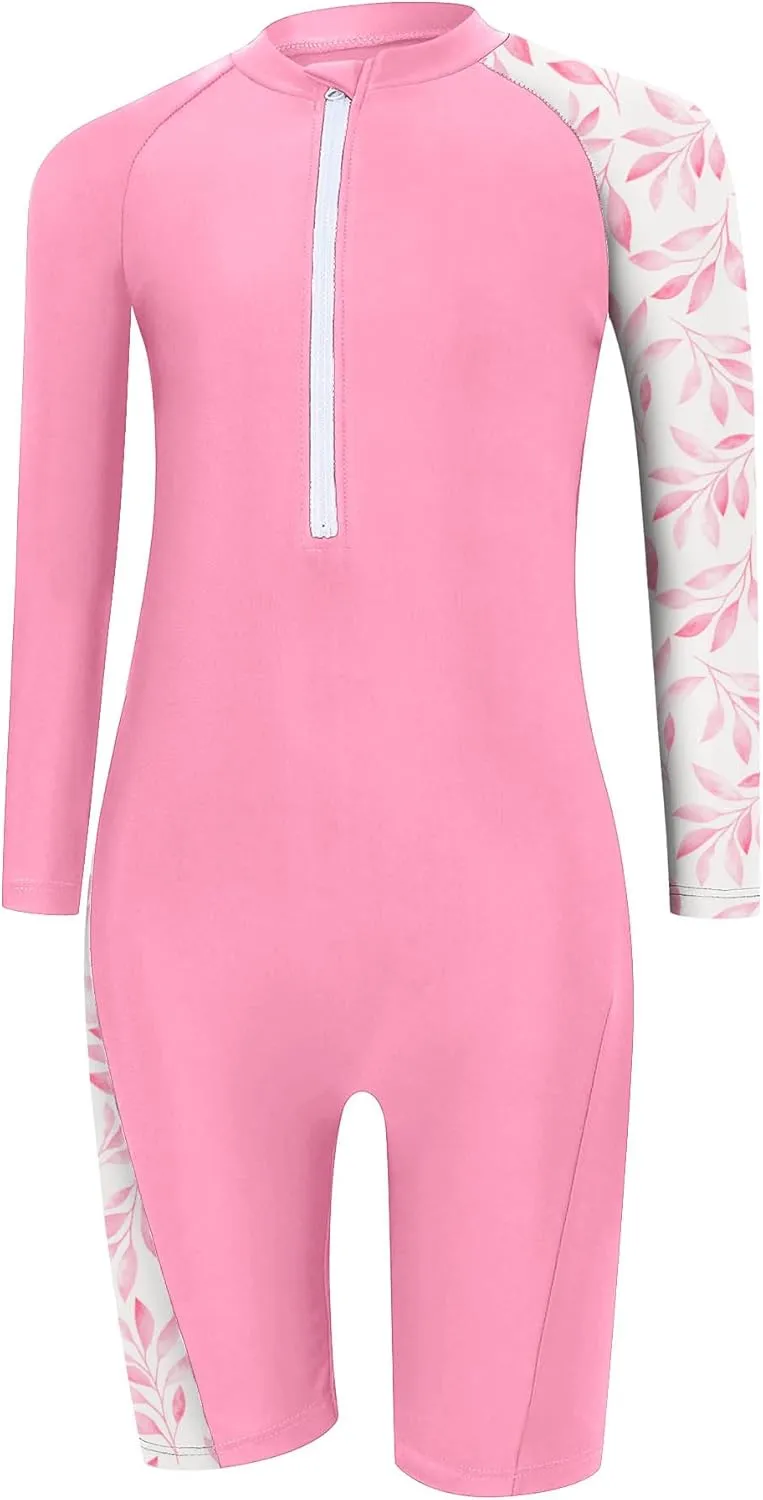 Girls One Piece Rash Guard Swimsuit Long Sleeve Swimsuits with Zipper Patchwork Beach Bathing Suit for Kids 3-12 Years