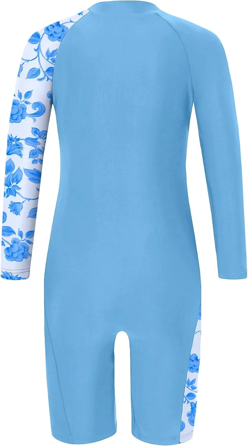 Girls One Piece Rash Guard Swimsuit Long Sleeve Swimsuits with Zipper Patchwork Beach Bathing Suit for Kids 3-12 Years