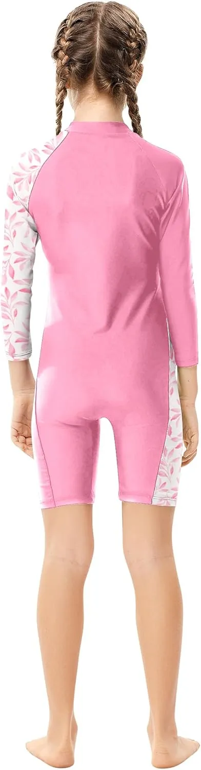 Girls One Piece Rash Guard Swimsuit Long Sleeve Swimsuits with Zipper Patchwork Beach Bathing Suit for Kids 3-12 Years