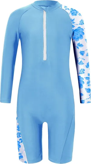 Girls One Piece Rash Guard Swimsuit Long Sleeve Swimsuits with Zipper Patchwork Beach Bathing Suit for Kids 3-12 Years