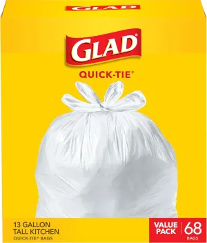 Glad Tall Kitchen Quick-Tie Trash Bags, 13 Gallon, White, 68 Count, (Package May Vary)