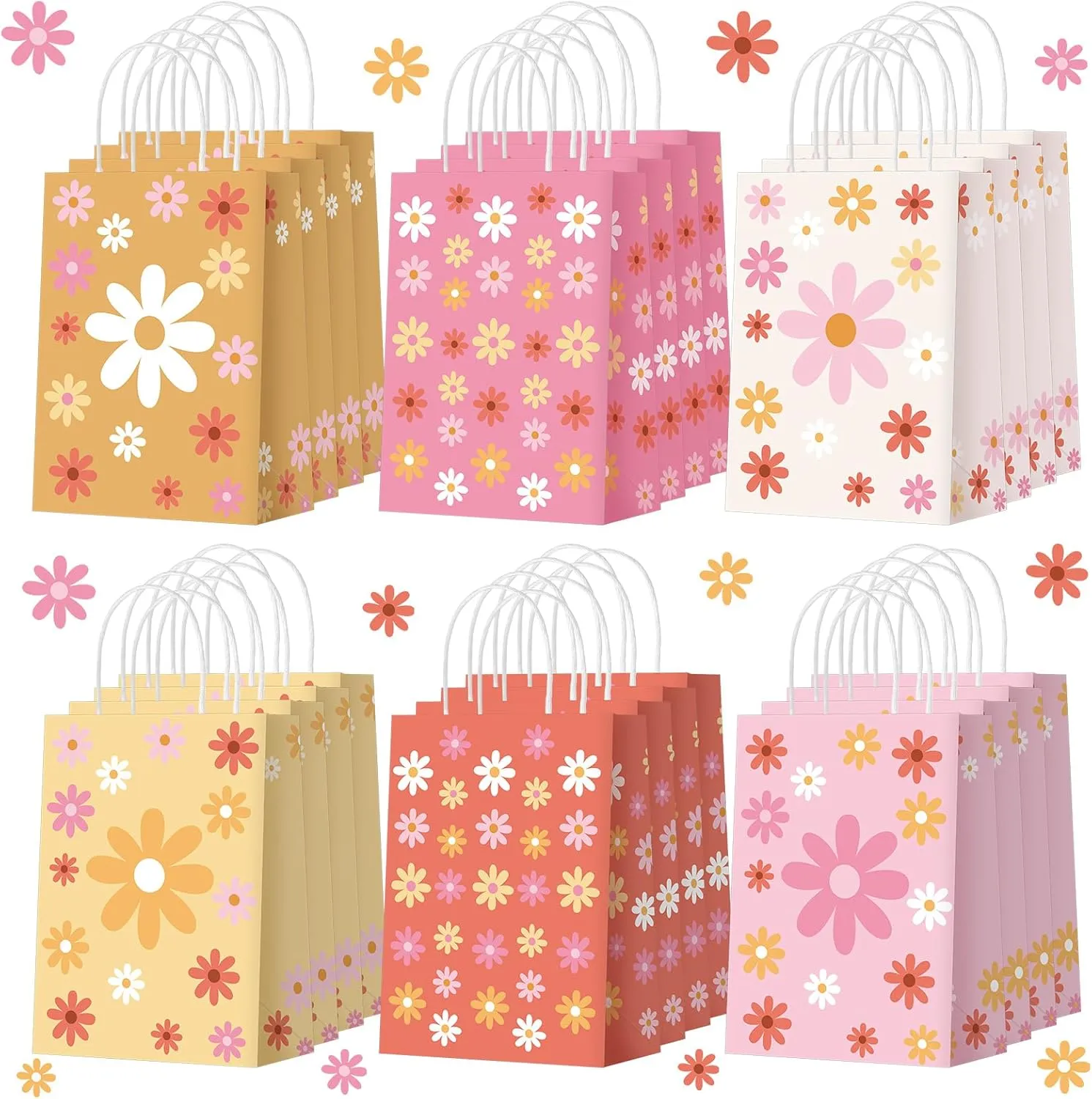 Glenmal 24 Pieces Daisy Flower Gift Bags Bulk Boho Daisy Party Favors Goodie Treat Candy Bags with Handles for Girls Wedding Retro Birthday Baby Shower Spring Party Decorations Supplies