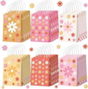 Glenmal 24 Pieces Daisy Flower Gift Bags Bulk Boho Daisy Party Favors Goodie Treat Candy Bags with Handles for Girls Wedding Retro Birthday Baby Shower Spring Party Decorations Supplies