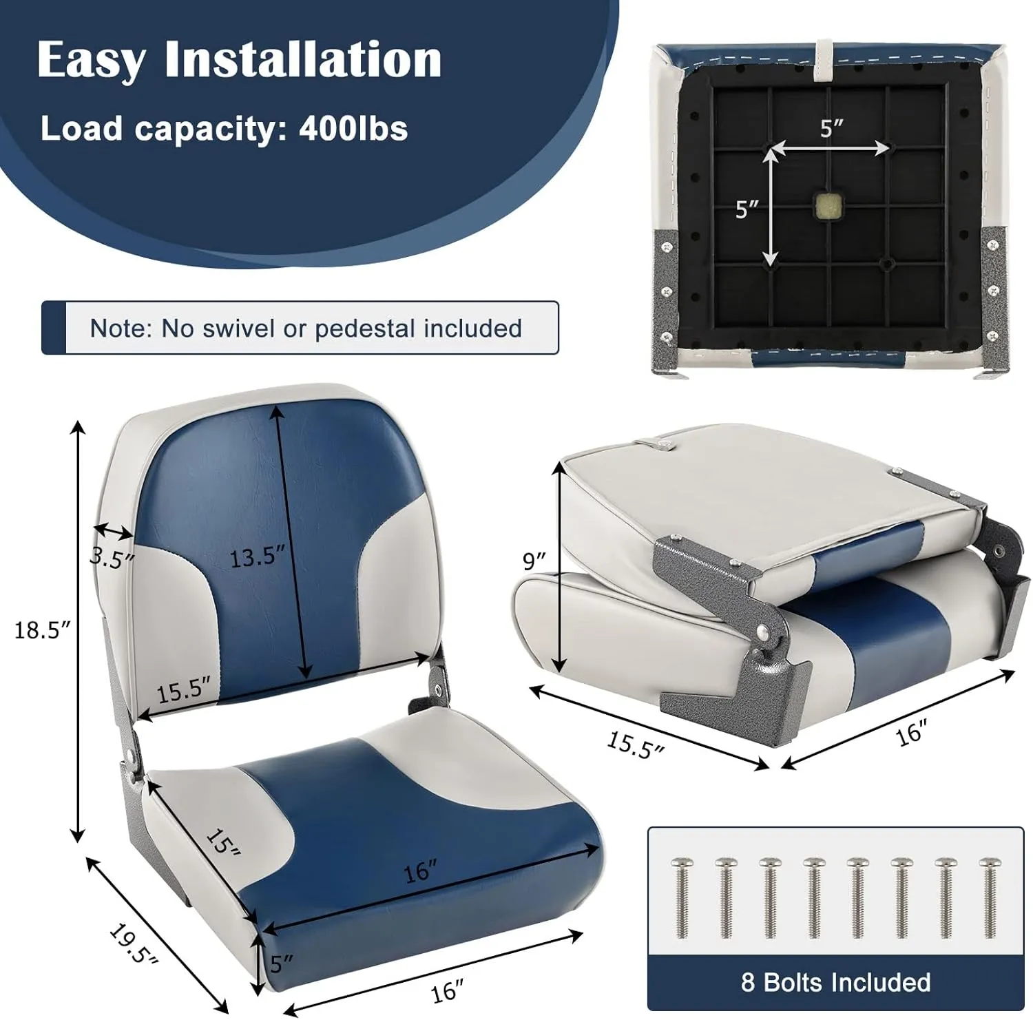 Goplus Low/High Back Boat Seats, Folding Boat Seat with Stainless Steel Screws & Aluminum Hinges, Thickened Sponge Padding, Waterproof Fishing Captain Boat Seats(2 Packs Navy & Gray)