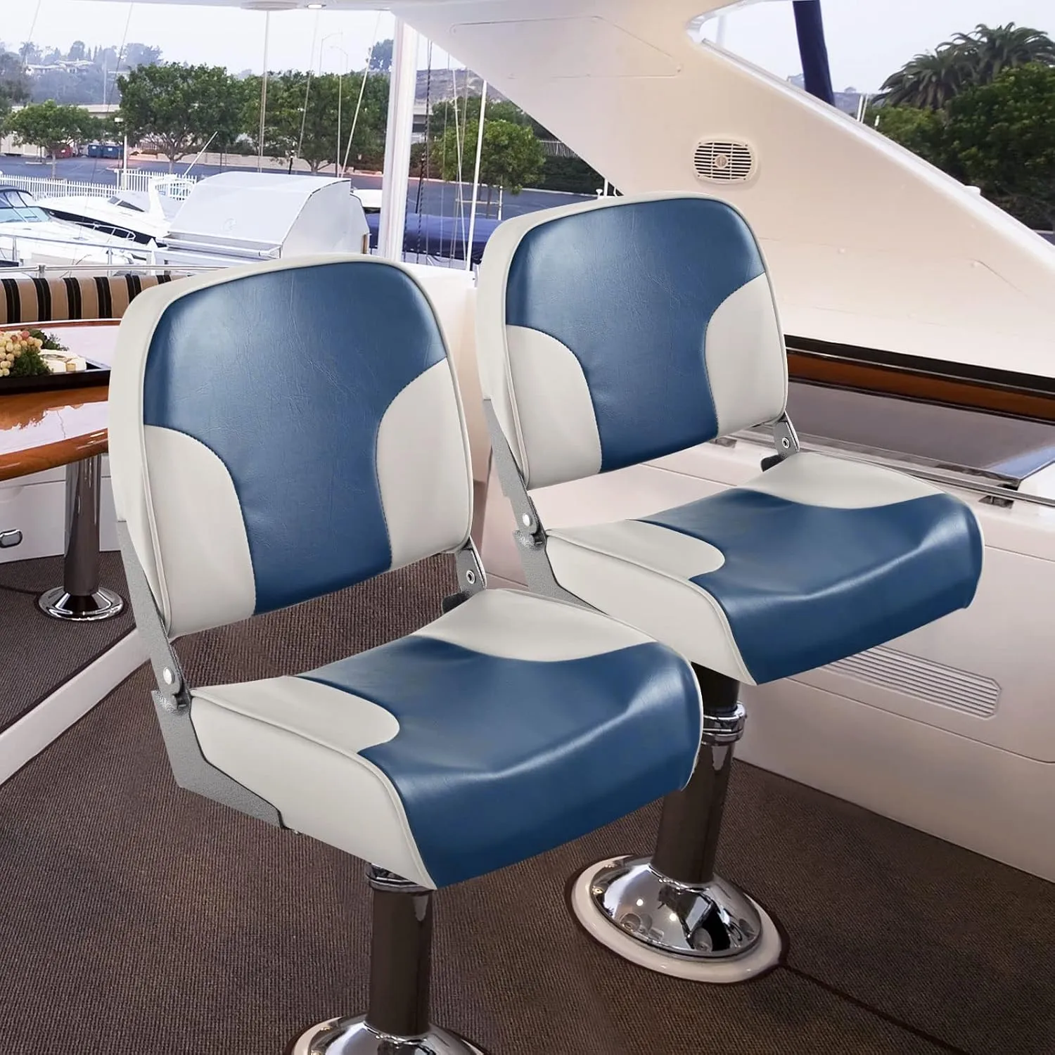 Goplus Low/High Back Boat Seats, Folding Boat Seat with Stainless Steel Screws & Aluminum Hinges, Thickened Sponge Padding, Waterproof Fishing Captain Boat Seats(2 Packs Navy & Gray)