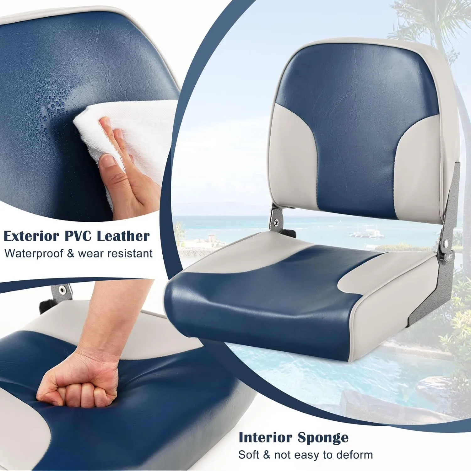 Goplus Low/High Back Boat Seats, Folding Boat Seat with Stainless Steel Screws & Aluminum Hinges, Thickened Sponge Padding, Waterproof Fishing Captain Boat Seats(2 Packs Navy & Gray)