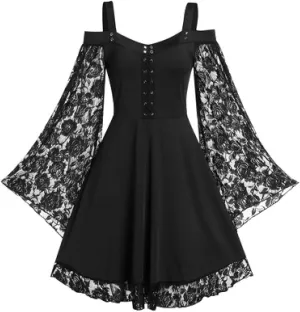 Gothic Vintage Lace Patchwork Women Dress Plus Size Goth Bandage Ladies Spaghetti Strap Dresses