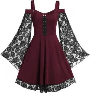 Gothic Vintage Lace Patchwork Women Dress Plus Size Goth Bandage Ladies Spaghetti Strap Dresses