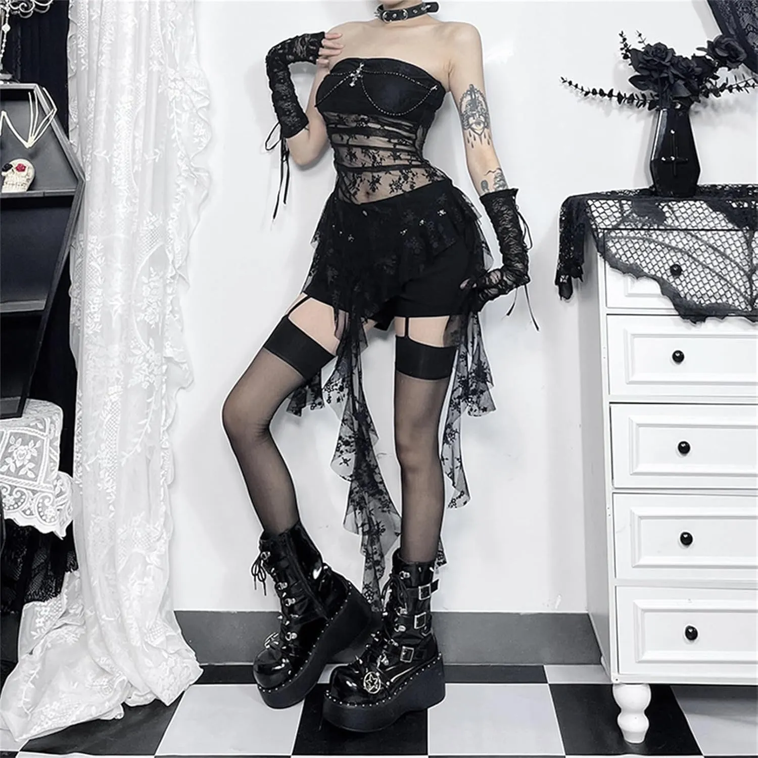 Gothic Womens Lace Crop Tank Tops Y2k Mesh Strapless Tube Top Festival Outfit