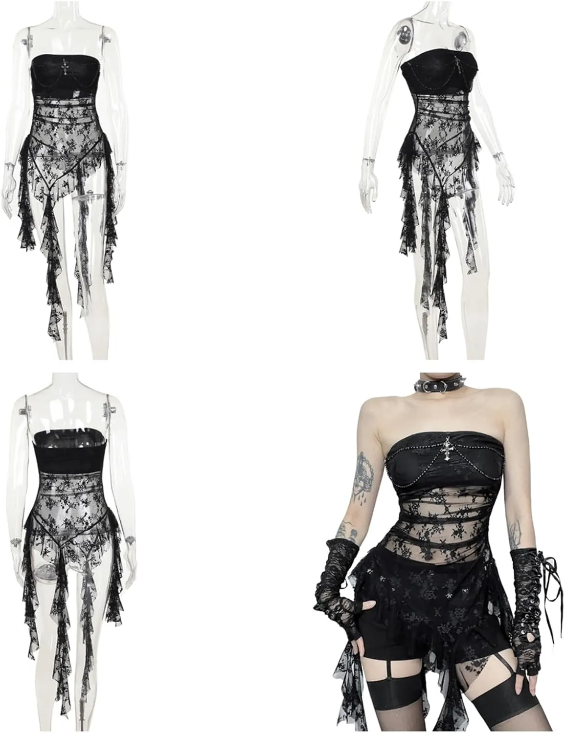 Gothic Womens Lace Crop Tank Tops Y2k Mesh Strapless Tube Top Festival Outfit