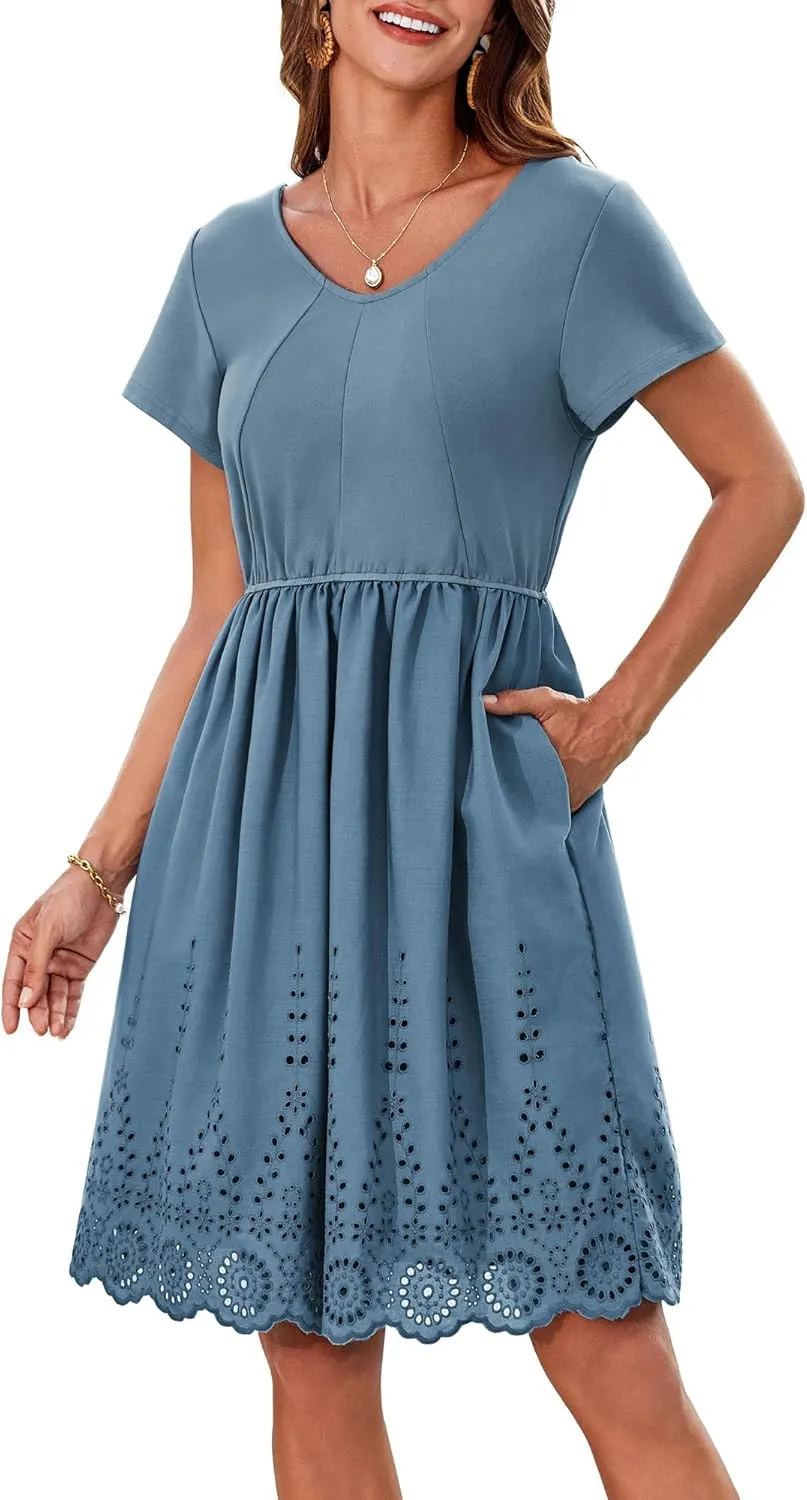 GRACE KARIN Women's Summer Short Sleeve Mini Dress V Neck A Line Casual Embroidery Vacation Beach Short Dresses with Pockets