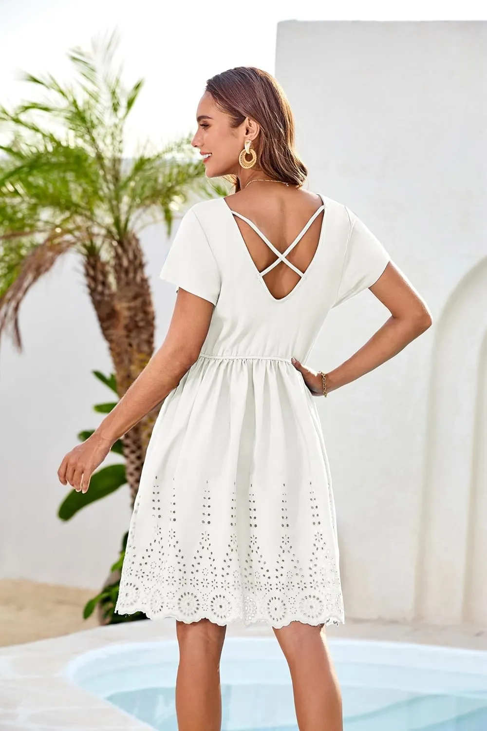 GRACE KARIN Women's Summer Short Sleeve Mini Dress V Neck A Line Casual Embroidery Vacation Beach Short Dresses with Pockets