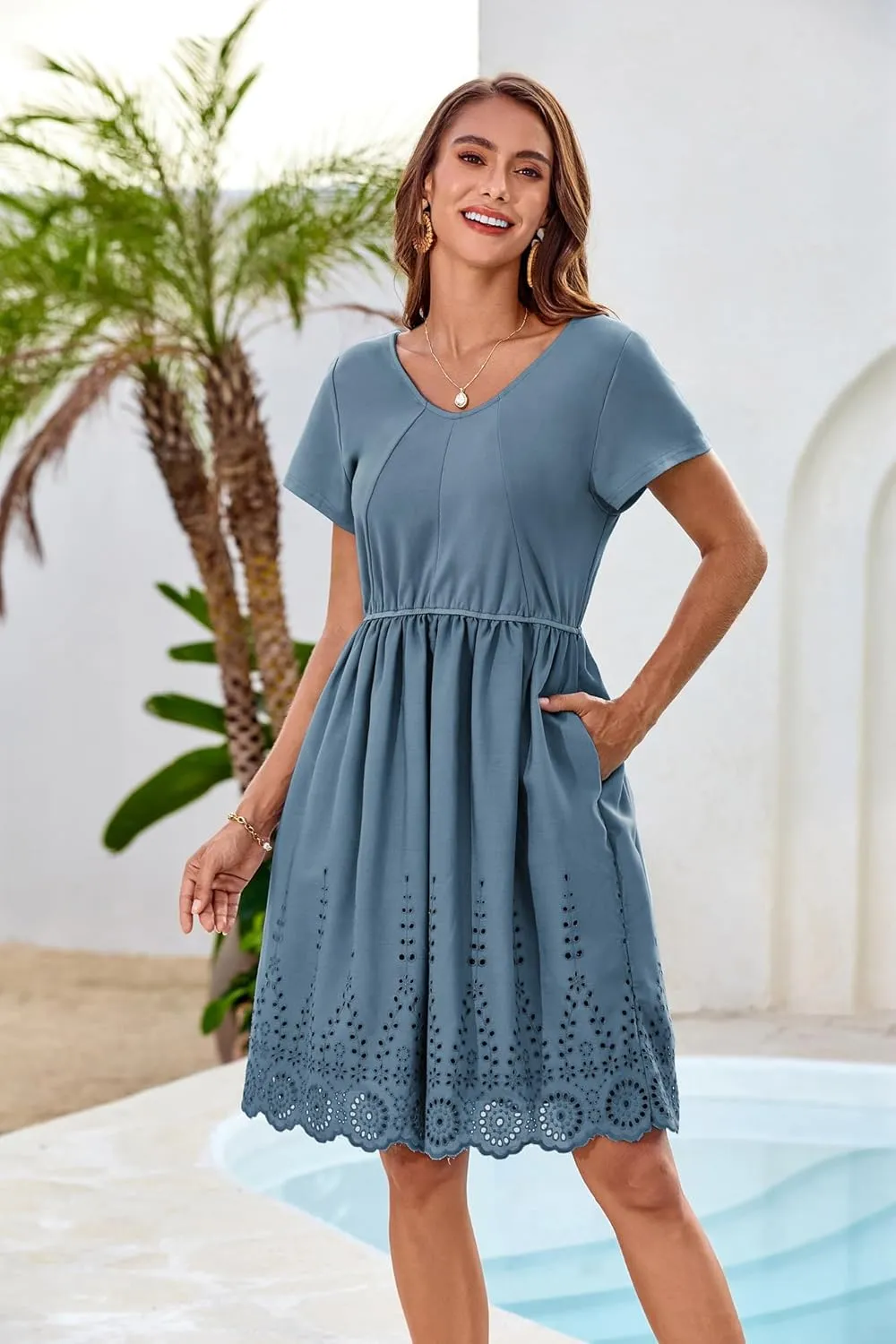 GRACE KARIN Women's Summer Short Sleeve Mini Dress V Neck A Line Casual Embroidery Vacation Beach Short Dresses with Pockets