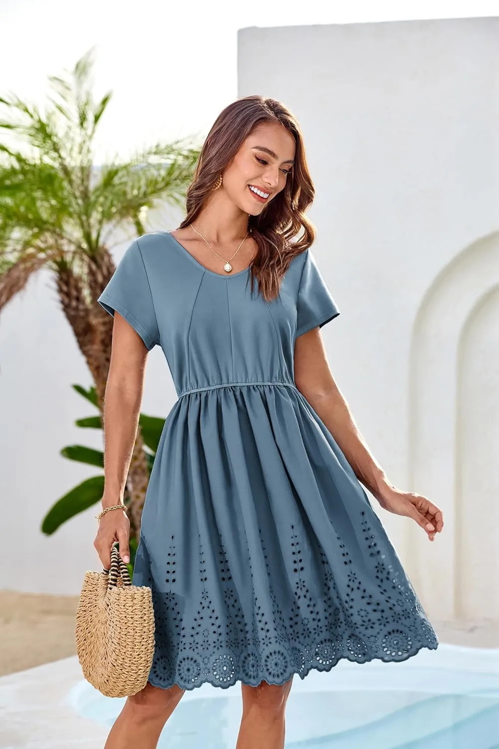 GRACE KARIN Women's Summer Short Sleeve Mini Dress V Neck A Line Casual Embroidery Vacation Beach Short Dresses with Pockets
