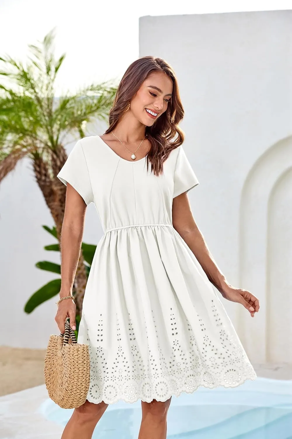 GRACE KARIN Women's Summer Short Sleeve Mini Dress V Neck A Line Casual Embroidery Vacation Beach Short Dresses with Pockets
