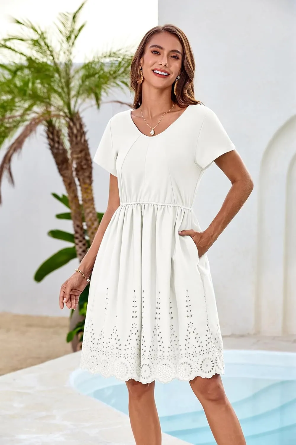 GRACE KARIN Women's Summer Short Sleeve Mini Dress V Neck A Line Casual Embroidery Vacation Beach Short Dresses with Pockets