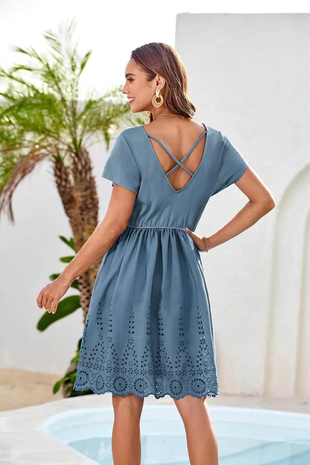 GRACE KARIN Women's Summer Short Sleeve Mini Dress V Neck A Line Casual Embroidery Vacation Beach Short Dresses with Pockets