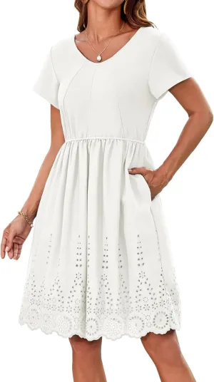 GRACE KARIN Women's Summer Short Sleeve Mini Dress V Neck A Line Casual Embroidery Vacation Beach Short Dresses with Pockets
