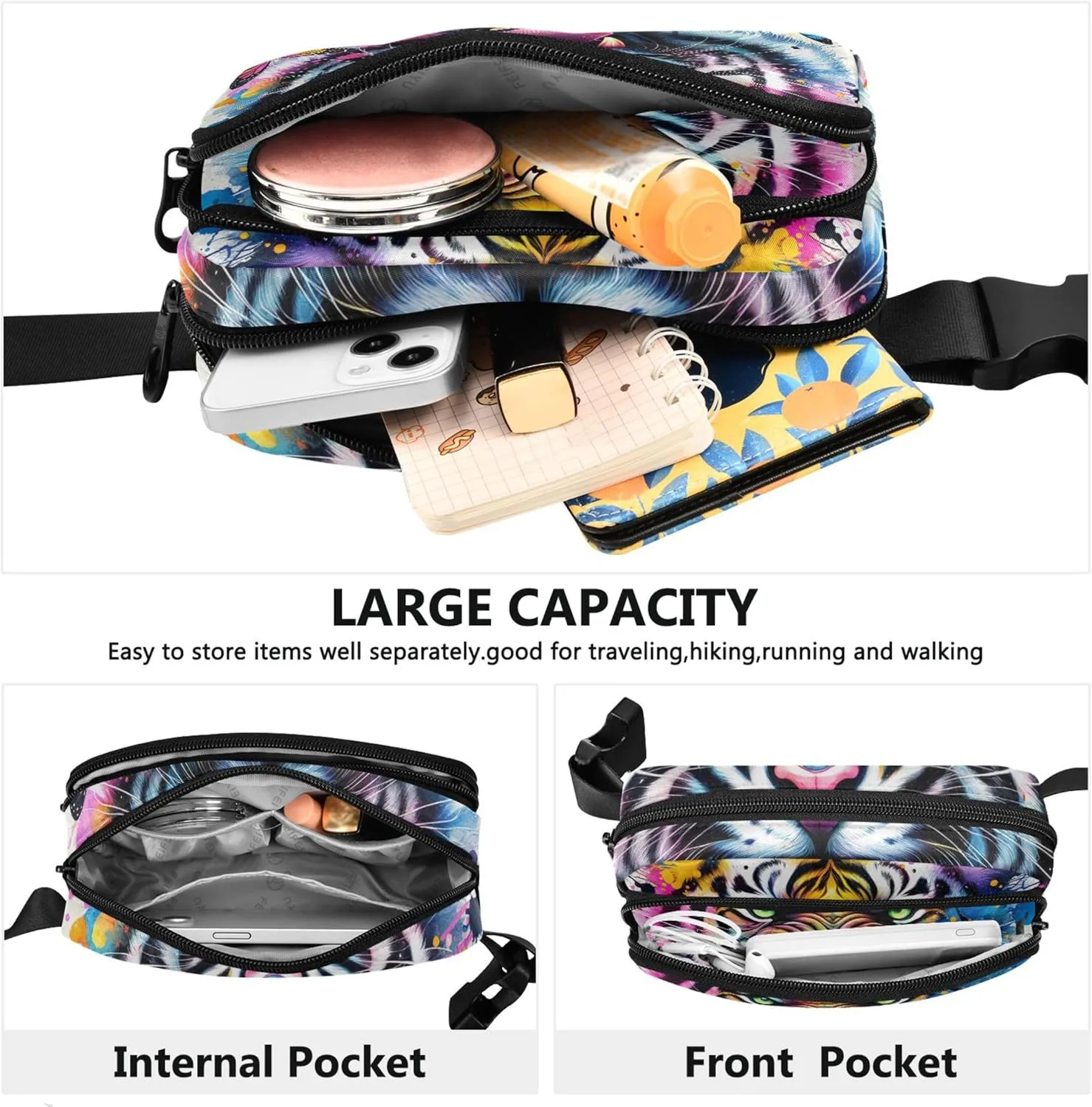 Graffiti Jungle Tiger Splash Fanny Pack for Women Waterproof Everywhere Belt Bag Cute Crossbody Waist Purse