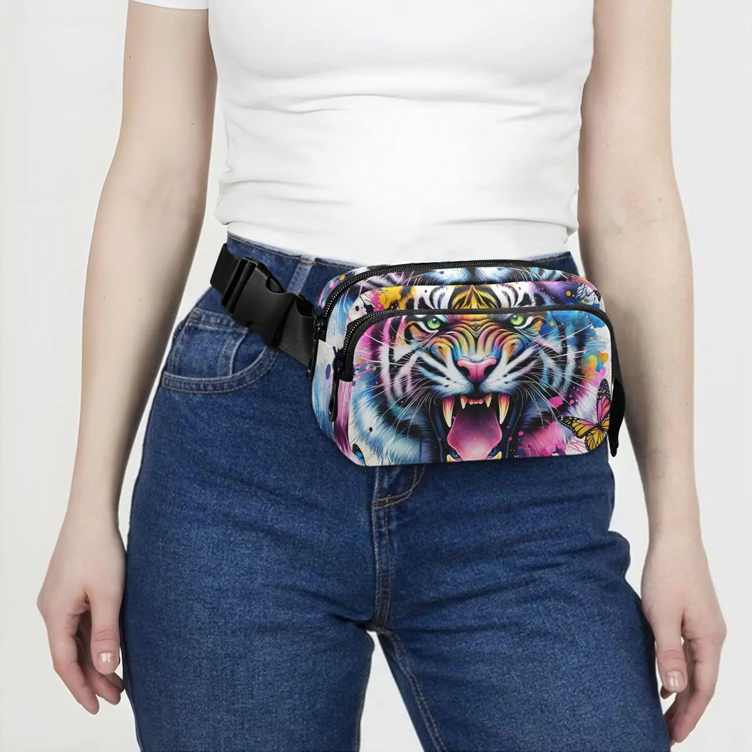 Graffiti Jungle Tiger Splash Fanny Pack for Women Waterproof Everywhere Belt Bag Cute Crossbody Waist Purse