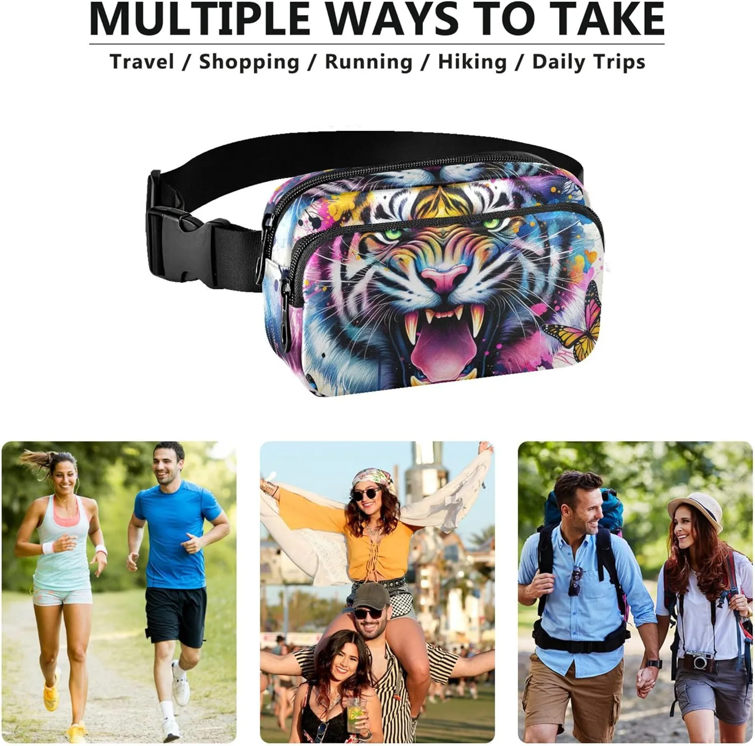 Graffiti Jungle Tiger Splash Fanny Pack for Women Waterproof Everywhere Belt Bag Cute Crossbody Waist Purse