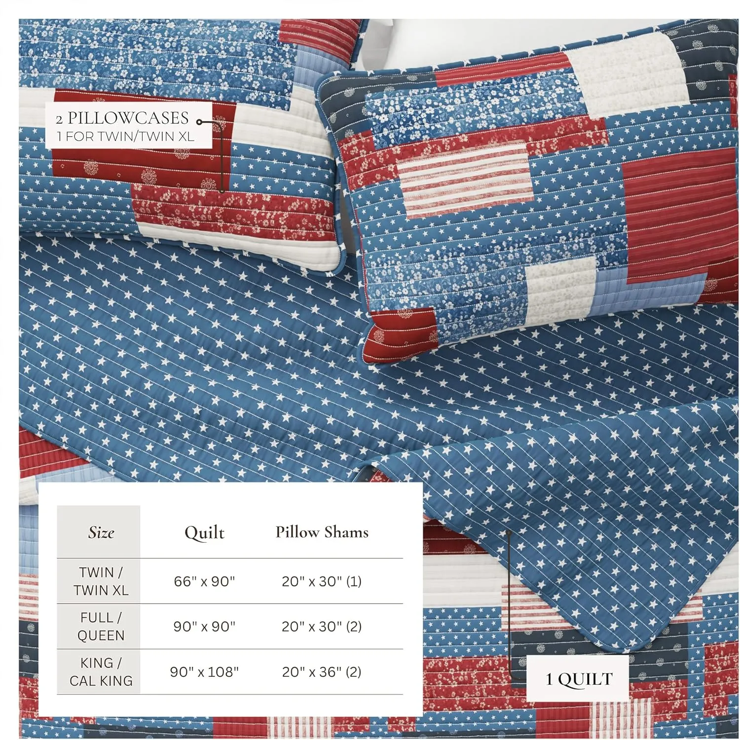 Great Bay Home 3-Piece King/California King Microfiber Quilt Set with Shams - Americana Patchwork Reversible Design - Lightweight, All-Season, Layerable Bedding Set