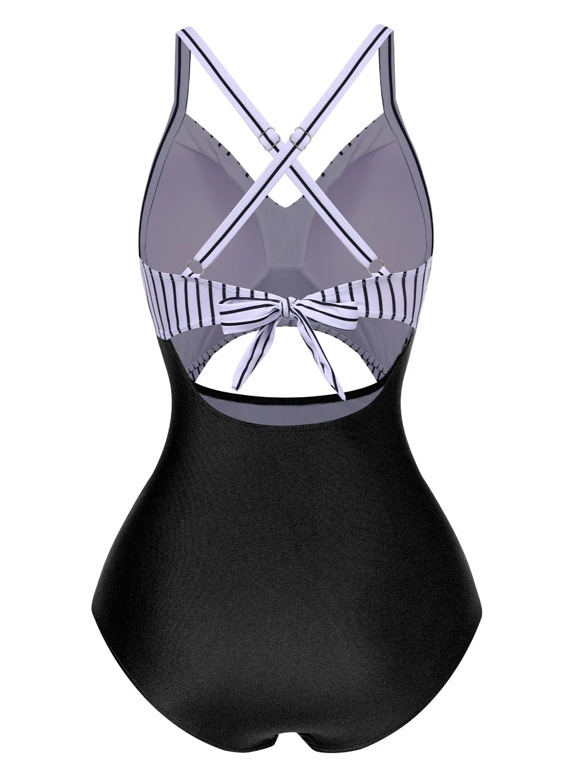 Green 1940s Stripe Patchwork Hollow One-Piece Swimsuit
