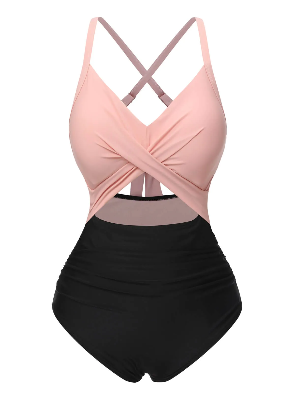 Green 1940s Stripe Patchwork Hollow One-Piece Swimsuit