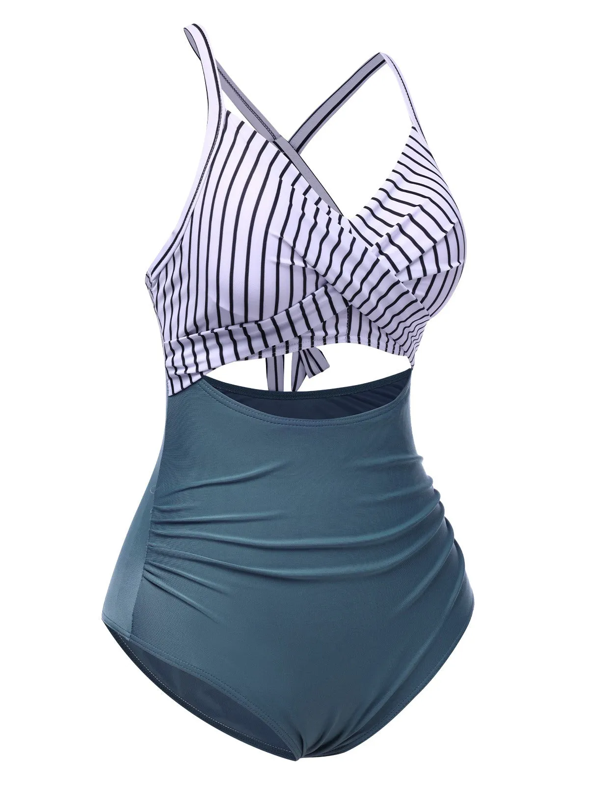 Green 1940s Stripe Patchwork Hollow One-Piece Swimsuit