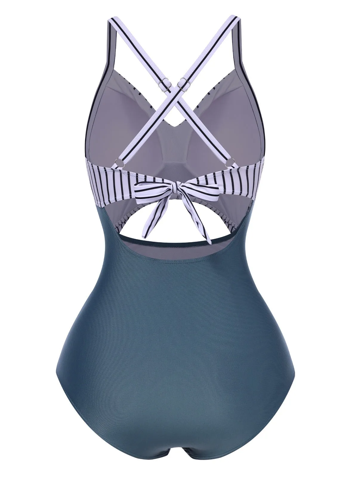 Green 1940s Stripe Patchwork Hollow One-Piece Swimsuit