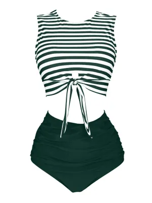 Green 1970s Striped Waist Tie Patchwork Swimsuit