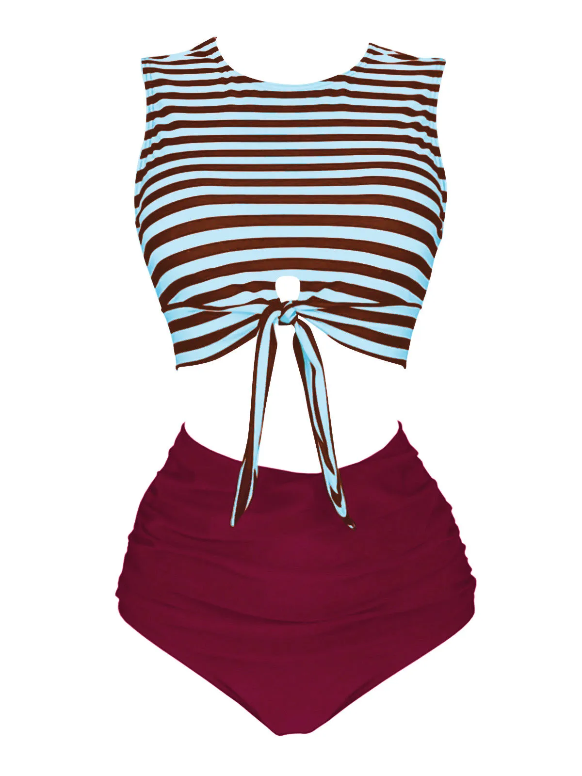 Green 1970s Striped Waist Tie Patchwork Swimsuit