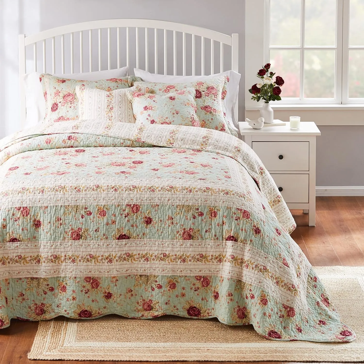 Greenland Home Antique Rose 100% Cotton Heirloom-Quality Bedspread Set, 3-Piece Queen, Blue