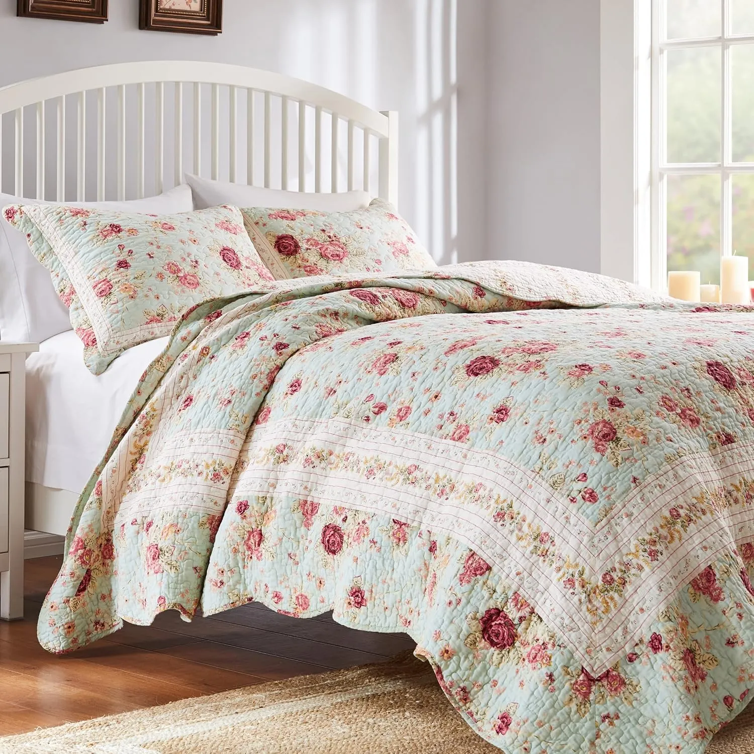 Greenland Home Antique Rose 100% Cotton Heirloom-Quality Quilt Set, 2-Piece Twin/XL, Blue